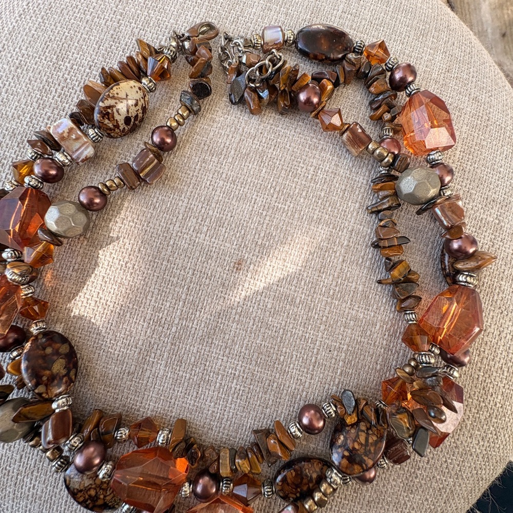 Multi-Strand Brown & Amber Beaded Necklace - Brand Unspecified